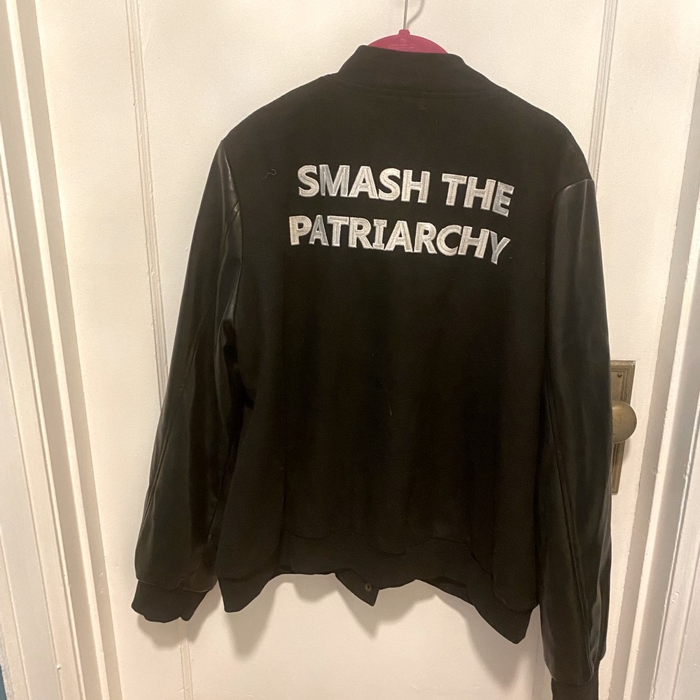 Hilary MacMilan “Smash the Patriarchy” Vegan leather and wool bomber jacket